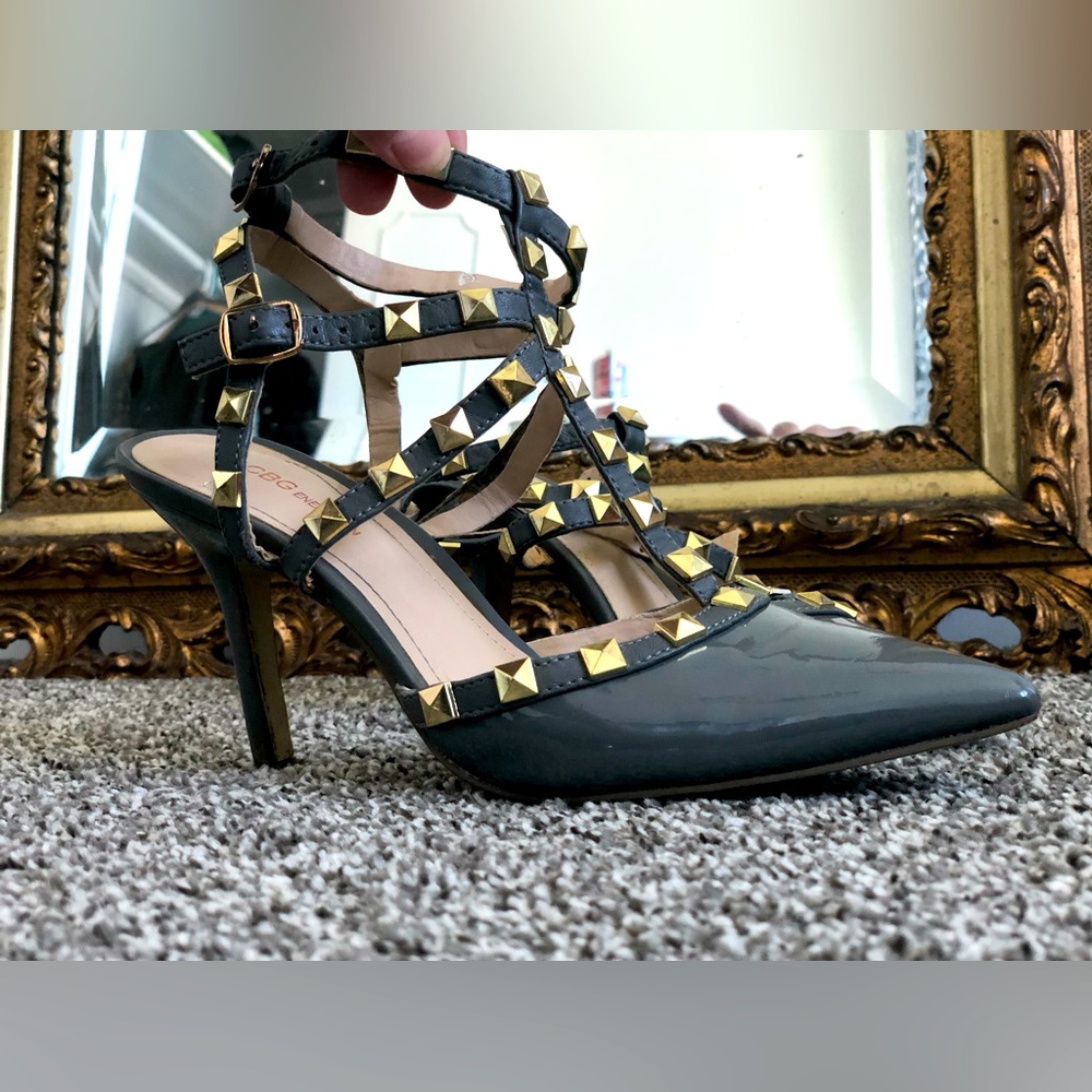 BCBGeneration Studded Grey Strappy Pointed Toe Heels- Size 7
